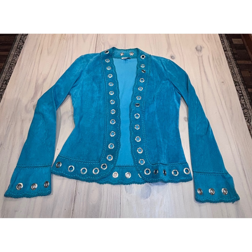 Cache Turquoise Blue Genuine Suede Leather Grommet Crochet Trim Jacket Medium - Picture 16 of 16